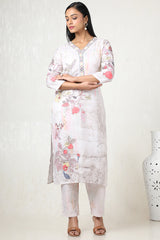 Women's Beige Linen Floral Print Kurta Set with Mirror Work