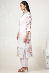 Women's Beige Linen Floral Print Kurta Set with Mirror Work