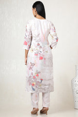 Women's Beige Linen Floral Print Kurta Set with Mirror Work