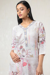 Women's Beige Linen Floral Print Kurta Set with Mirror Work