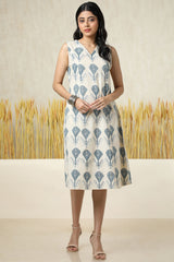 Women's Beige Cotton Slub Ethnic Motifs Dress