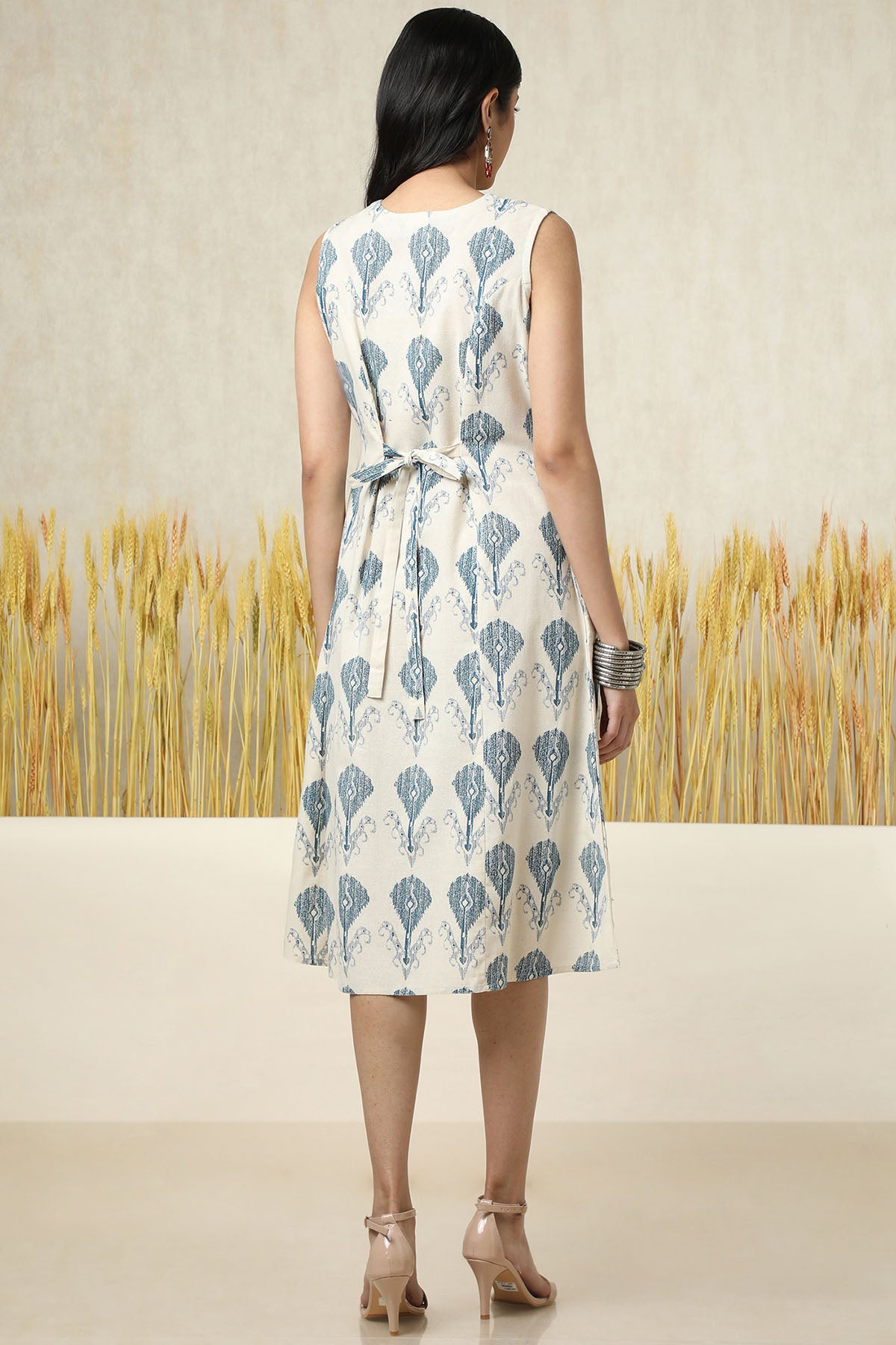 Women's Beige Cotton Slub Ethnic Motifs Dress