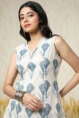Women's Beige Cotton Slub Ethnic Motifs Dress
