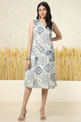 Women's Beige Cotton Slub Geometric Print Dress