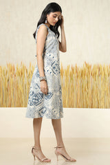 Women's Beige Cotton Slub Geometric Print Dress