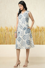 Women's Beige Cotton Slub Geometric Print Dress