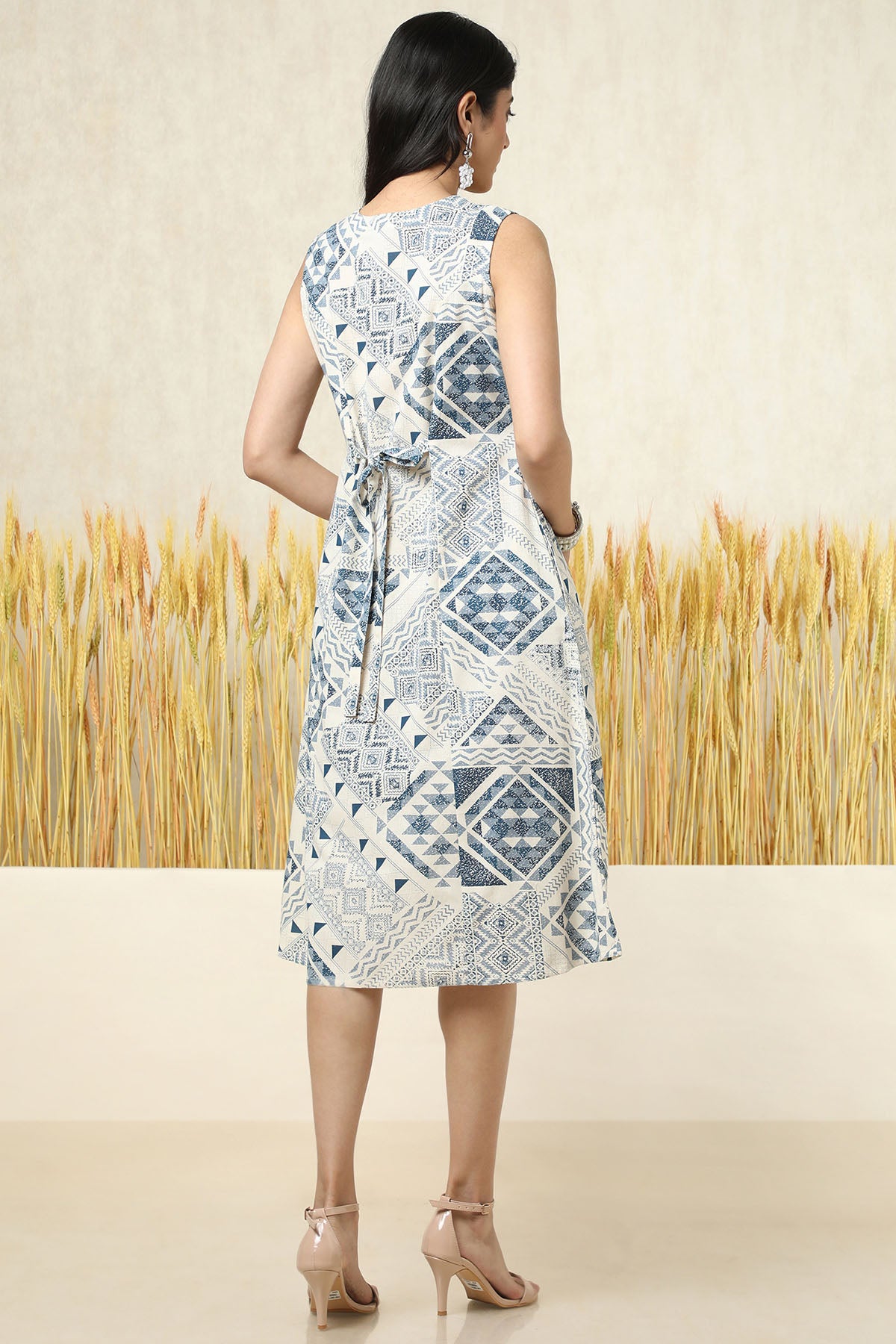 Women's Beige Cotton Slub Geometric Print Dress