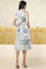 Women's Beige Cotton Slub Geometric Print Dress