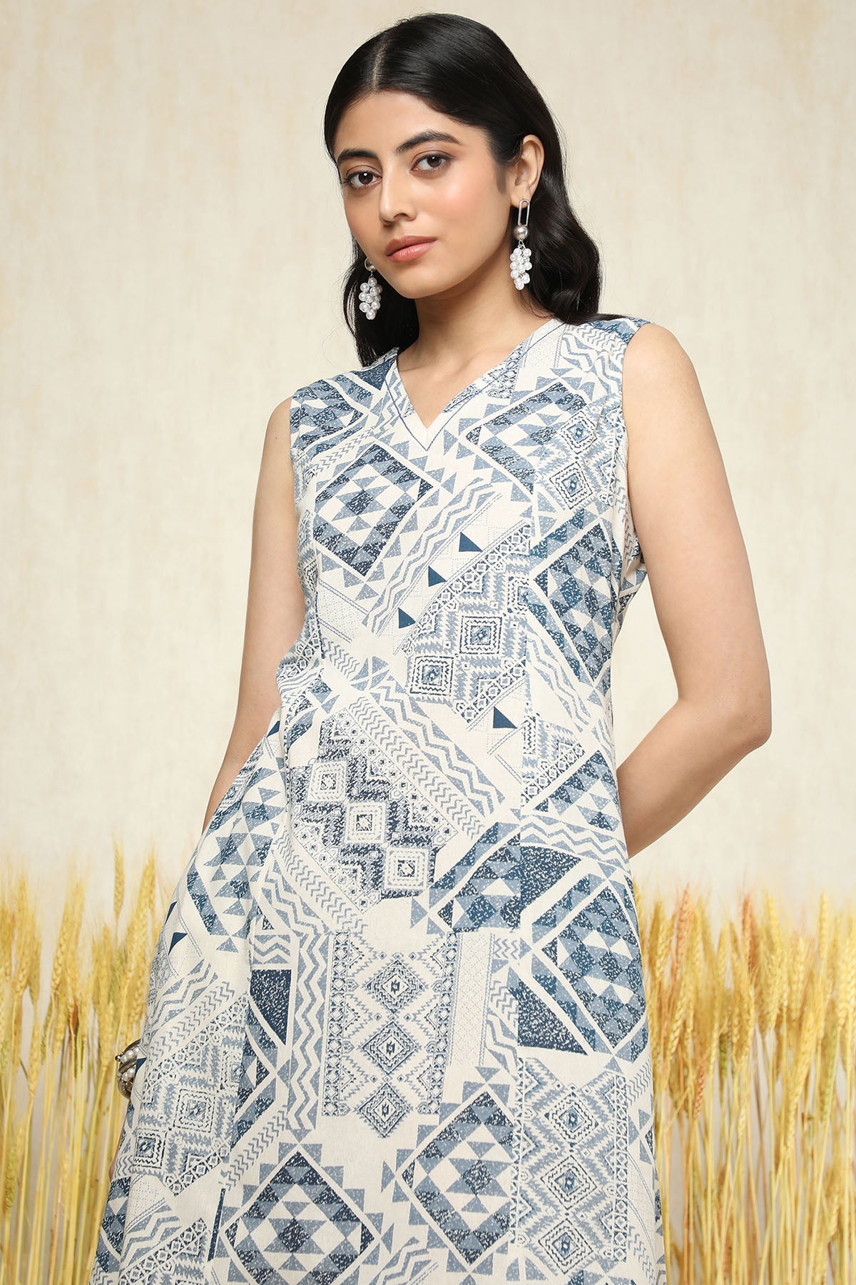 Women's Beige Cotton Slub Geometric Print Dress