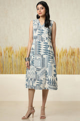 Women's Beige Cotton Slub Abstract Print Dress