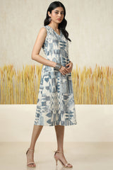 Women's Beige Cotton Slub Abstract Print Dress