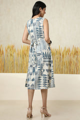 Women's Beige Cotton Slub Abstract Print Dress