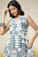 Women's Beige Cotton Slub Abstract Print Dress