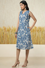 Women's Beige Cotton Slub Floral Print Dress