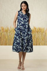 Women's Indigo Cotton Slub Abstract Print Dress