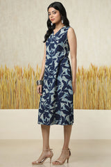 Women's Indigo Cotton Slub Abstract Print Dress