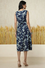 Women's Indigo Cotton Slub Abstract Print Dress