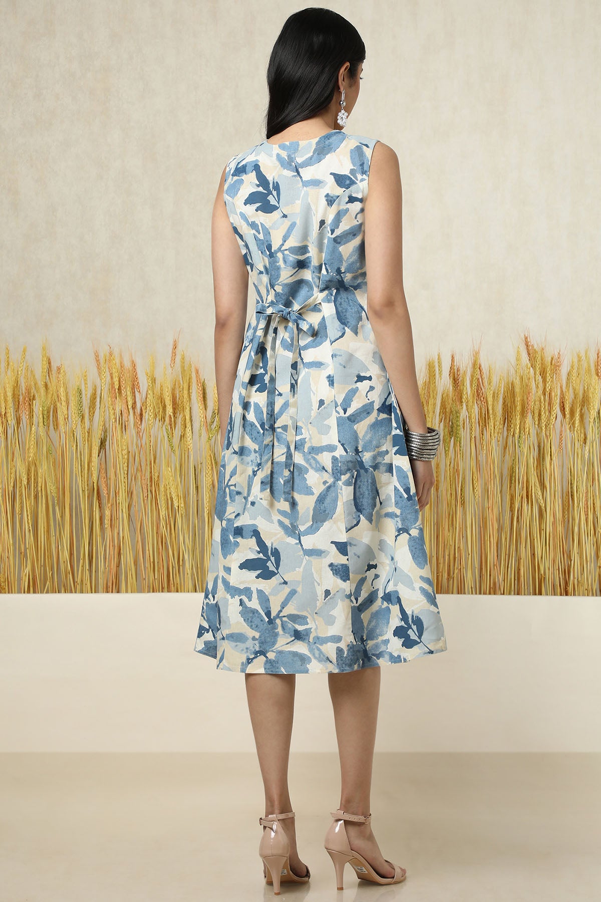 Women's Beige Cotton Slub Abstract Print Dress