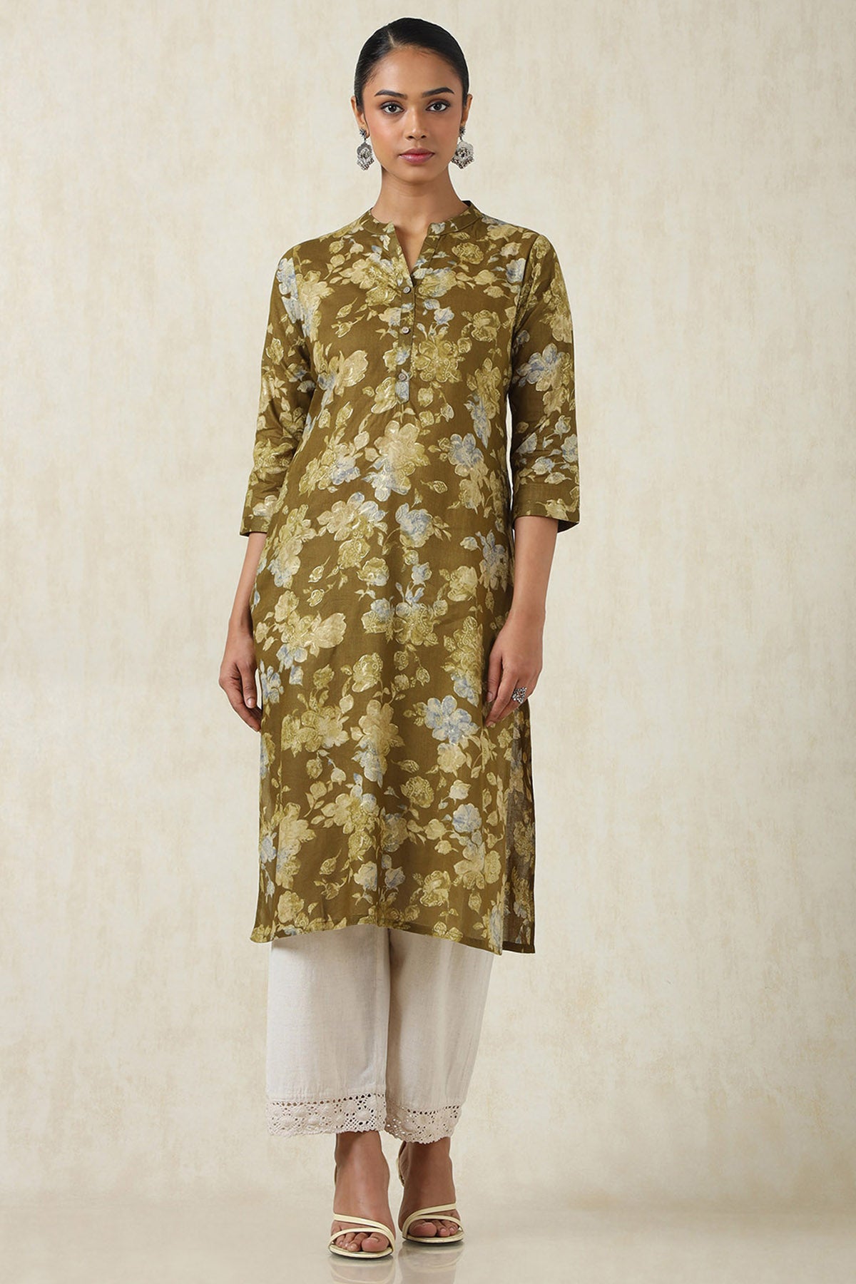 Women's Olive Cotton Botanical Kurta