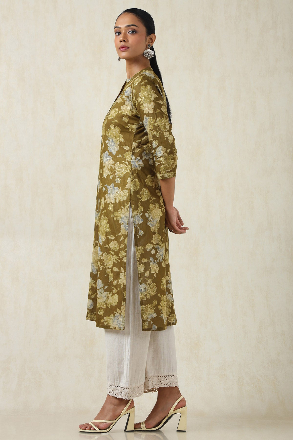 Women's Olive Cotton Botanical Kurta