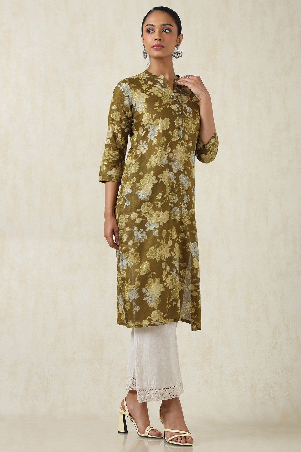 Women's Olive Cotton Botanical Kurta