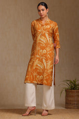 Women's Mustard Tissue Botanical Print Kurta