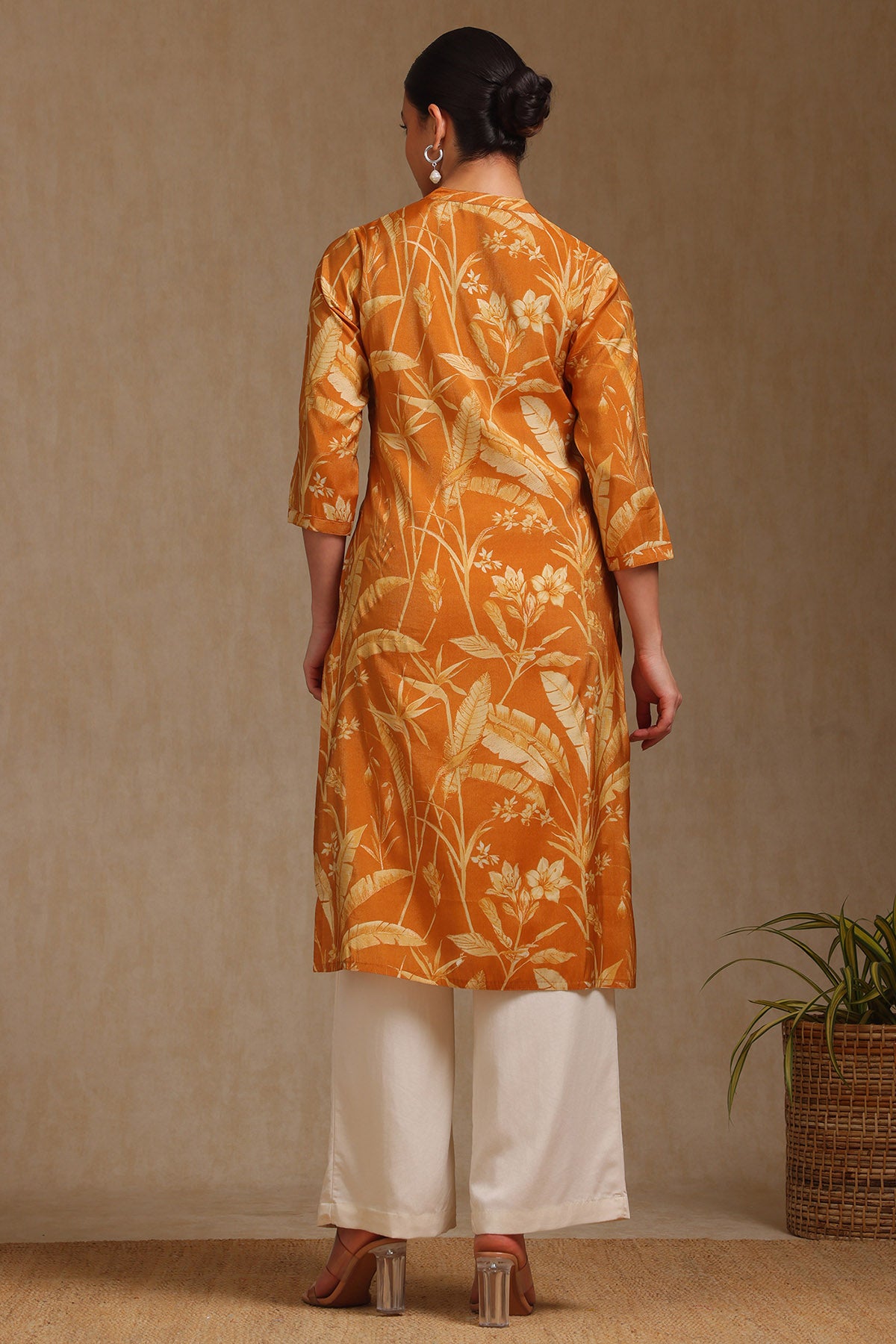 Women's Mustard Tissue Botanical Print Kurta