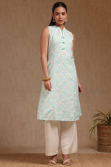 Women's Turquoise Blue Linen Ikat Print Kurta With Tassels