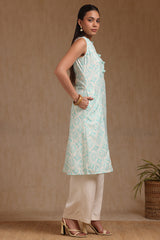 Women's Turquoise Blue Linen Ikat Print Kurta With Tassels