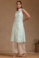 Women's Turquoise Blue Linen Ikat Print Kurta With Tassels