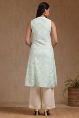 Women's Turquoise Blue Linen Ikat Print Kurta With Tassels