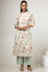 Women's Cream Linen Floral Print Kurta