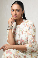 Women's Cream Linen Floral Print Kurta