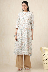 Women's Beige Linen Botanical Print Kurta