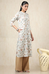 Women's Beige Linen Botanical Print Kurta