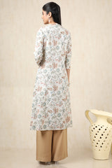 Women's Beige Linen Botanical Print Kurta