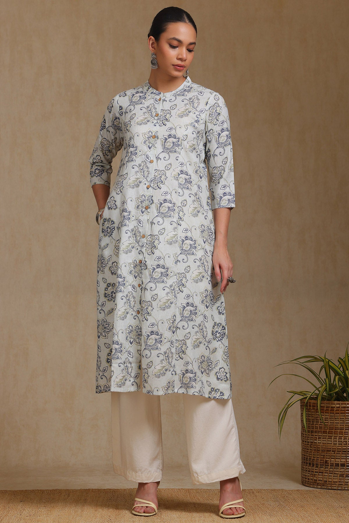 Women's Grey Linen Blend Botanical Print Kurta