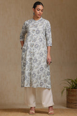 Women's Grey Linen Blend Botanical Print Kurta
