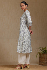 Women's Grey Linen Blend Botanical Print Kurta