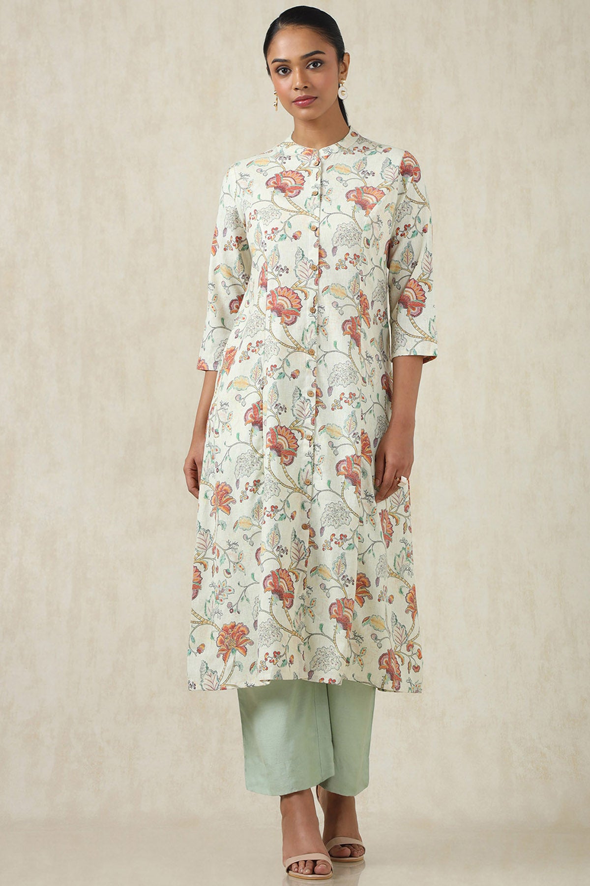 Women's Beige Linen Botanical Kurta