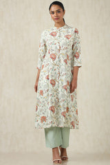 Women's Beige Linen Botanical Kurta