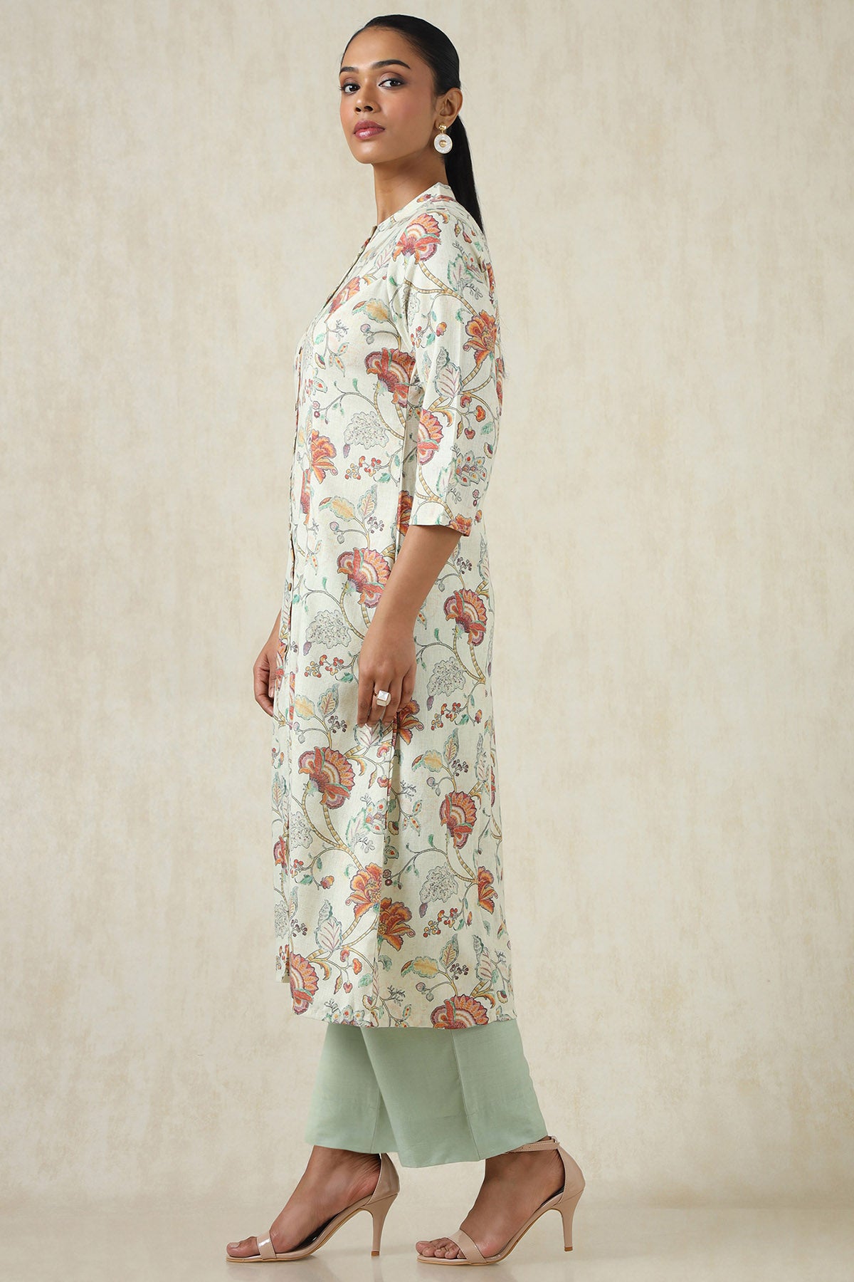 Women's Beige Linen Botanical Kurta
