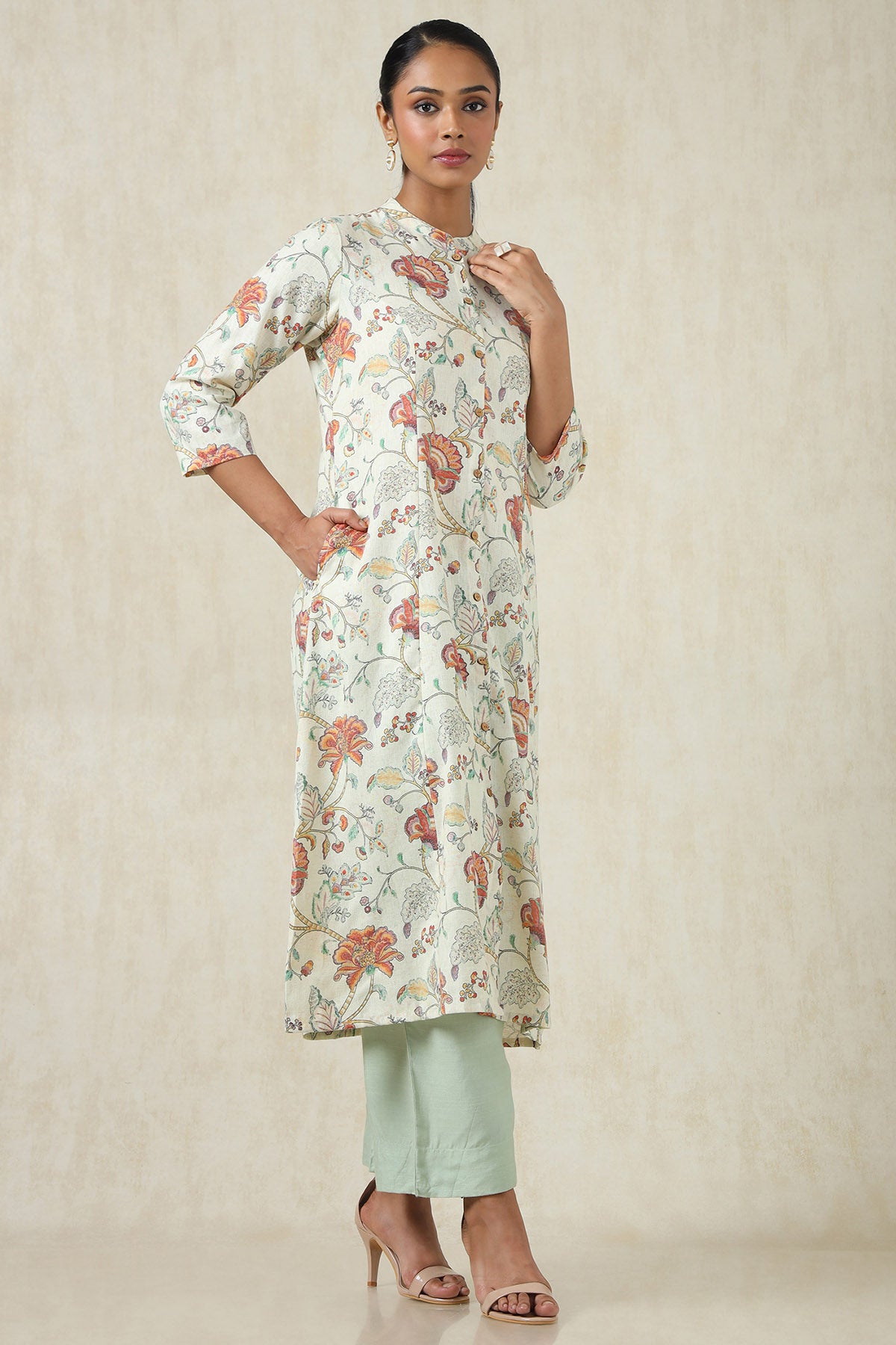 Women's Beige Linen Botanical Kurta