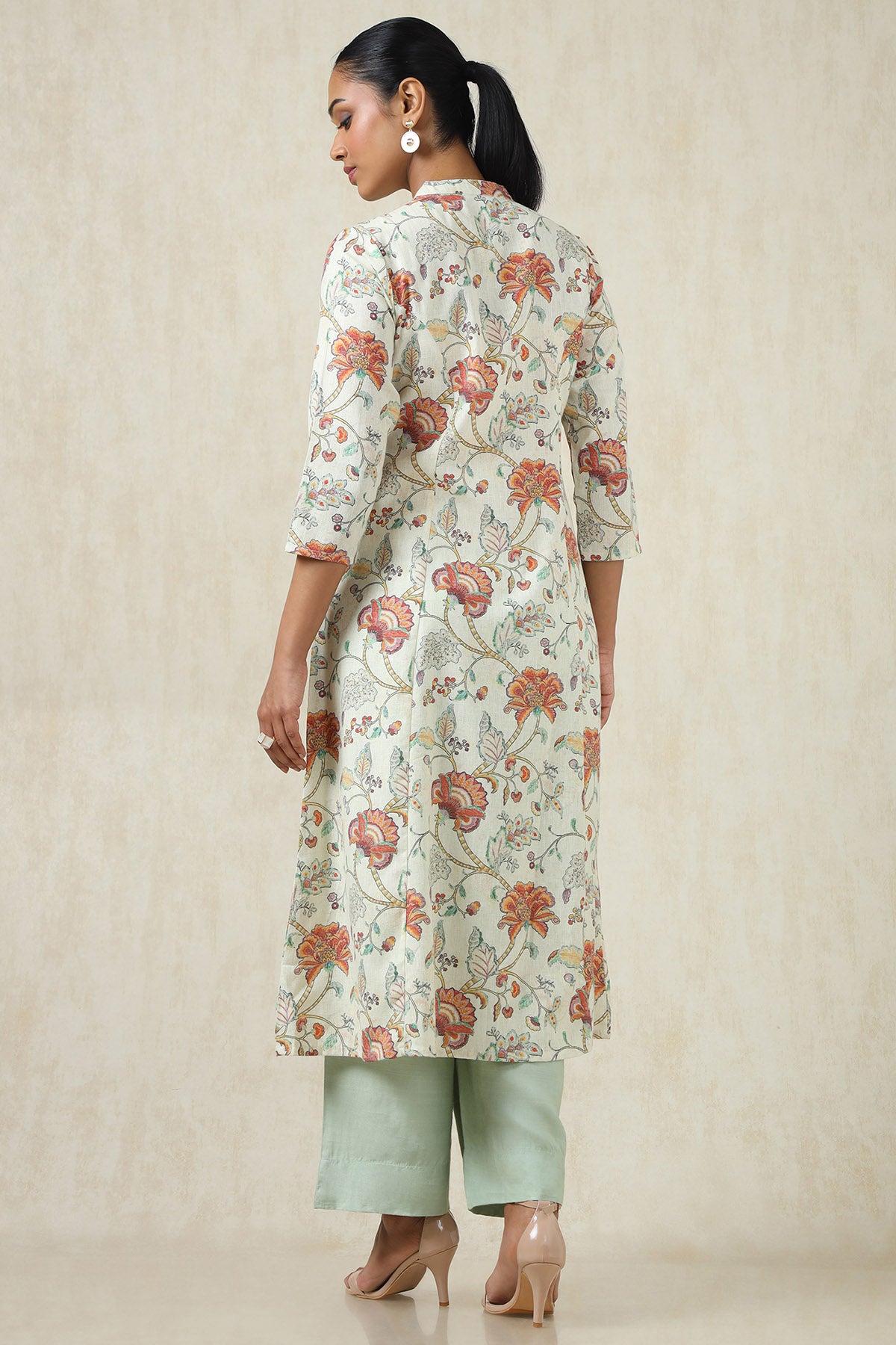 Women's Beige Linen Botanical Kurta