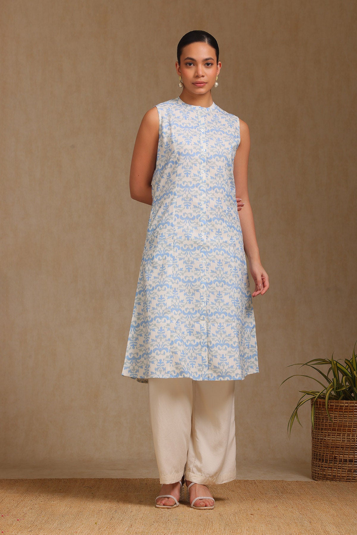 Women's Blue Linen Ikat Print Kurta