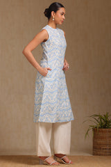 Women's Blue Linen Ikat Print Kurta