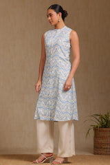 Women's Blue Linen Ikat Print Kurta