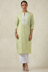 Women's Green Cotton Ethnic Motifs Kurta With Thread Work