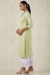 Women's Green Cotton Ethnic Motifs Kurta With Thread Work