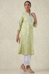 Women's Green Cotton Ethnic Motifs Kurta With Thread Work